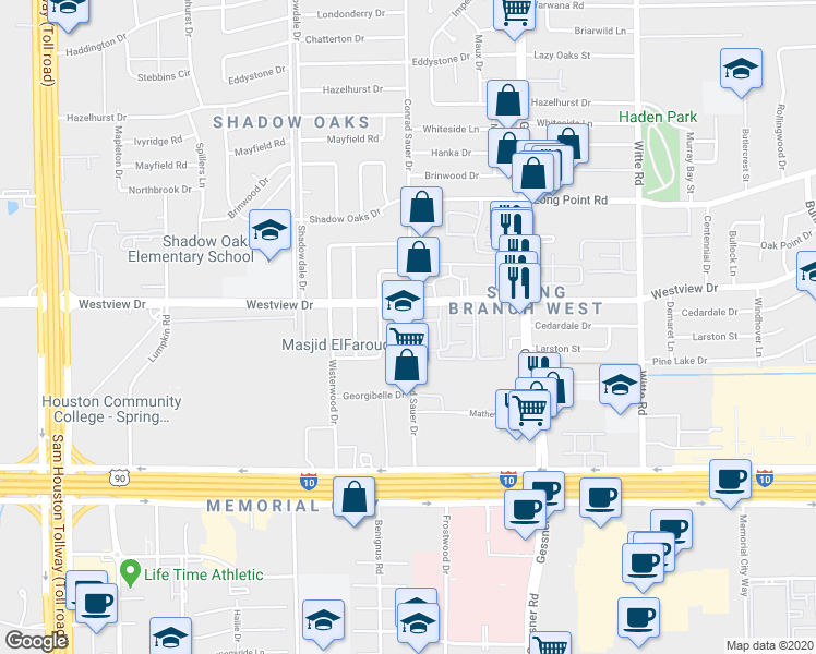 map of restaurants, bars, coffee shops, grocery stores, and more near 1209 Conrad Sauer Dr in Houston