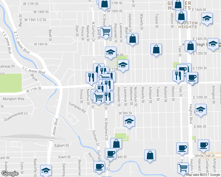 map of restaurants, bars, coffee shops, grocery stores, and more near 1033 Dorothy Street in Houston