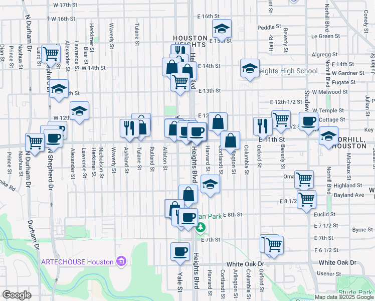 map of restaurants, bars, coffee shops, grocery stores, and more near 1015 Heights Boulevard in Houston