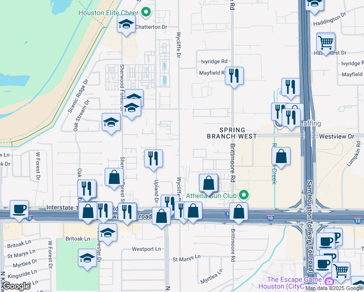 map of restaurants, bars, coffee shops, grocery stores, and more near 1306 Wycliffe Drive in Houston
