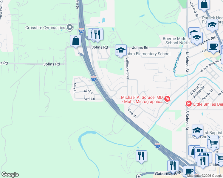 map of restaurants, bars, coffee shops, grocery stores, and more near 130 Hampton Run West in Boerne