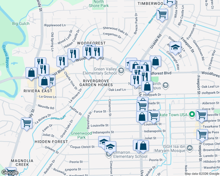 map of restaurants, bars, coffee shops, grocery stores, and more near 13303 Oak Leaf Lane in Houston