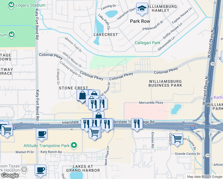 map of restaurants, bars, coffee shops, grocery stores, and more near 1330 Park West Green Drive in Katy