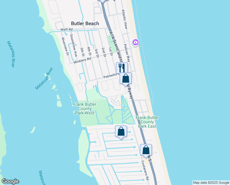 map of restaurants, bars, coffee shops, grocery stores, and more near 86 Aloha Circle in St. Augustine