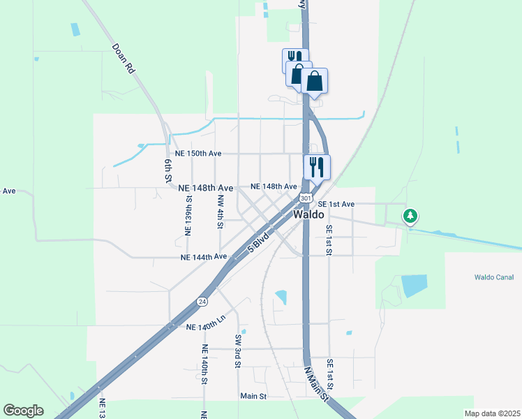 map of restaurants, bars, coffee shops, grocery stores, and more near 14368 Cole Street in Waldo