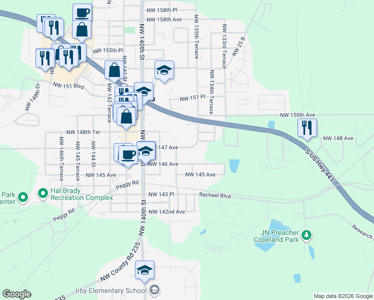 map of restaurants, bars, coffee shops, grocery stores, and more near 14701 Northwest 137th Terrace in Alachua