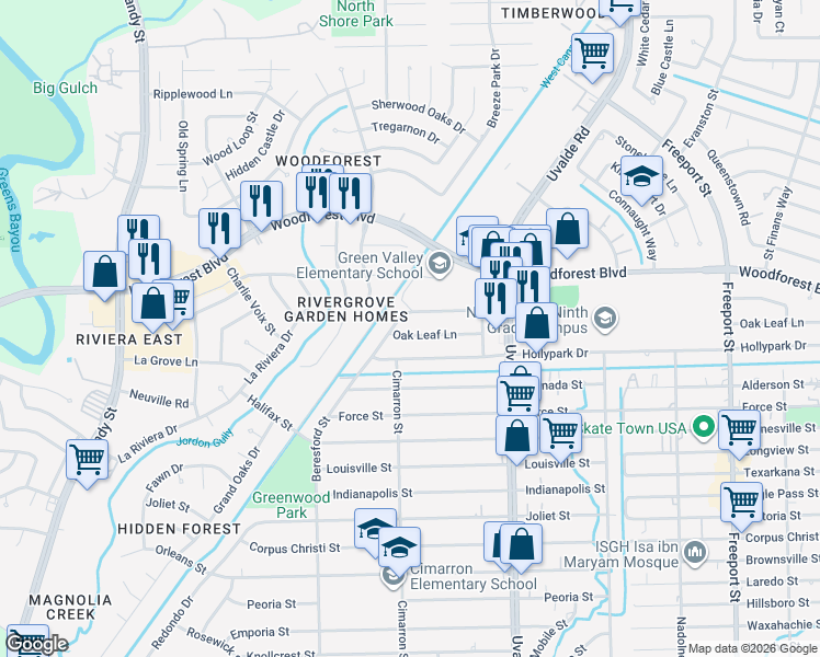 map of restaurants, bars, coffee shops, grocery stores, and more near 13303 Oak Leaf Lane in Houston