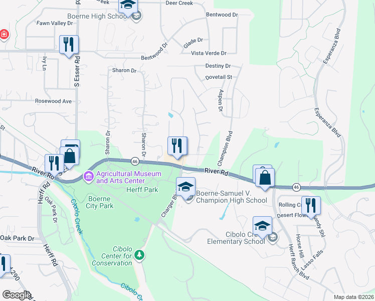 map of restaurants, bars, coffee shops, grocery stores, and more near 101 Woods of Boerne Boulevard in Boerne
