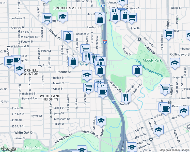 map of restaurants, bars, coffee shops, grocery stores, and more near 203 Redan Street in Houston