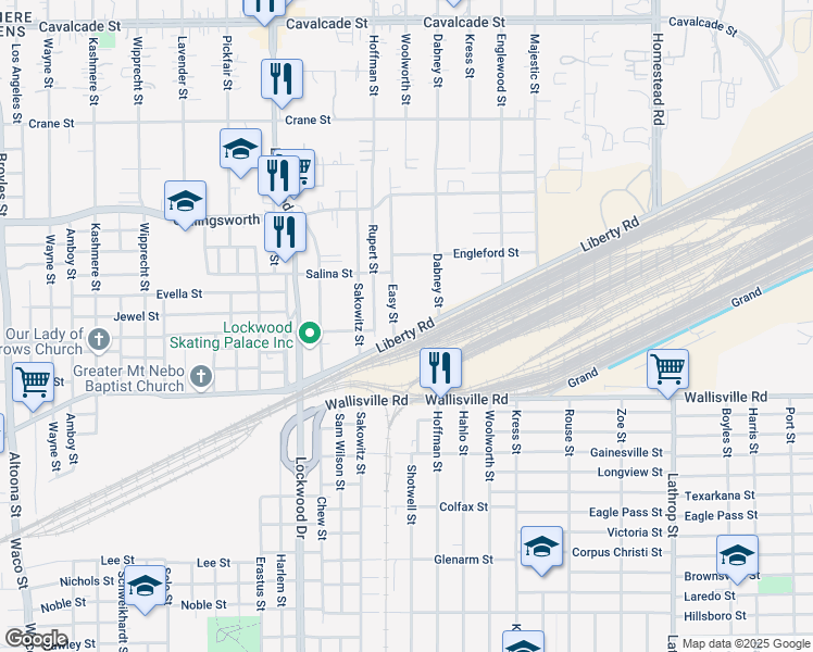 map of restaurants, bars, coffee shops, grocery stores, and more near 5905 Liberty Road in Houston