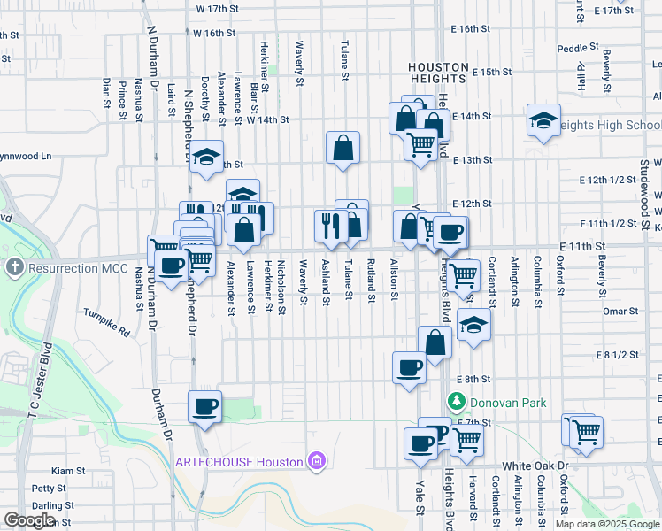 map of restaurants, bars, coffee shops, grocery stores, and more near 1036 Ashland Street in Houston