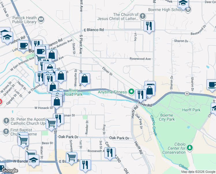 map of restaurants, bars, coffee shops, grocery stores, and more near 720 River Road in Boerne