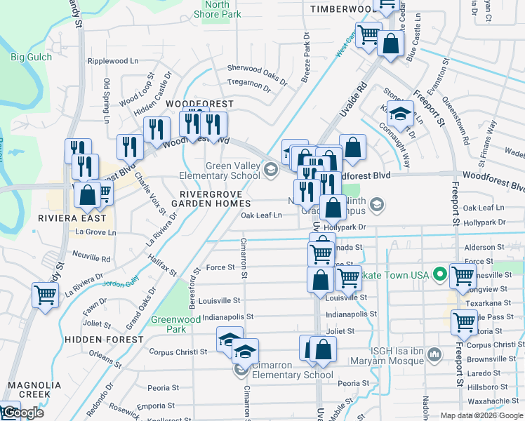 map of restaurants, bars, coffee shops, grocery stores, and more near 13331 Oak Leaf Lane in Houston