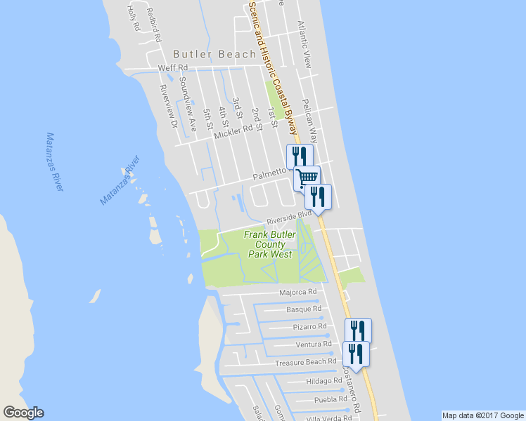map of restaurants, bars, coffee shops, grocery stores, and more near 52 Kon Tiki Circle in St. Augustine