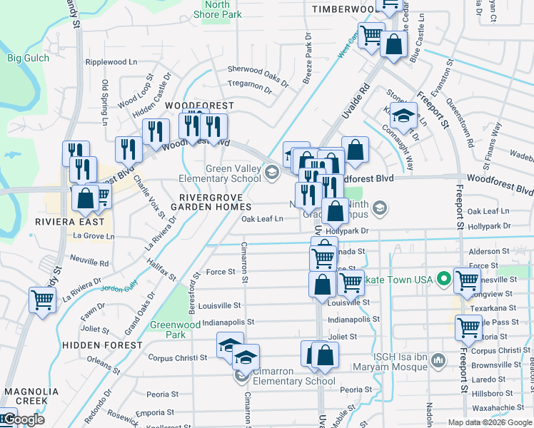 map of restaurants, bars, coffee shops, grocery stores, and more near 13331 Oak Leaf Ln in Houston