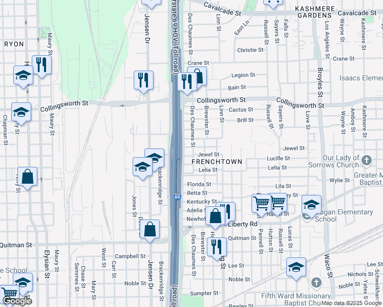 map of restaurants, bars, coffee shops, grocery stores, and more near 2905 Des Chaumes Street in Houston