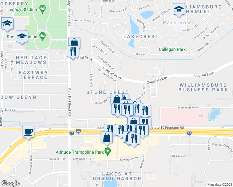 map of restaurants, bars, coffee shops, grocery stores, and more near 24607 Colonial Elm Drive in Katy