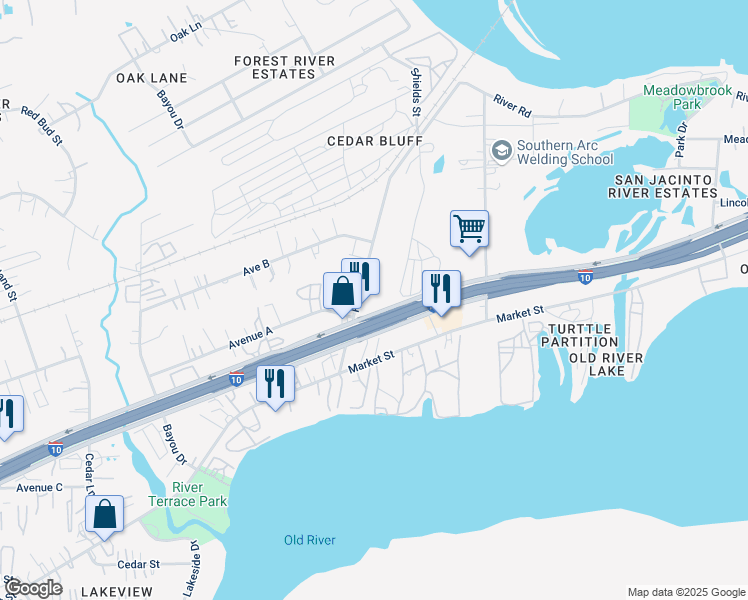 map of restaurants, bars, coffee shops, grocery stores, and more near 17011 East Freeway Service Road in Channelview