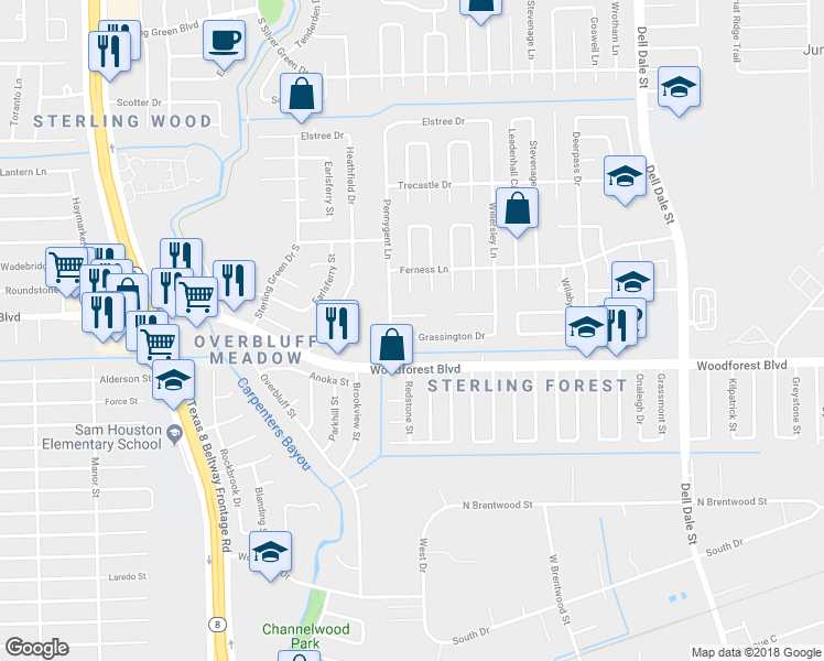map of restaurants, bars, coffee shops, grocery stores, and more near 15115 Grassington Drive in Channelview