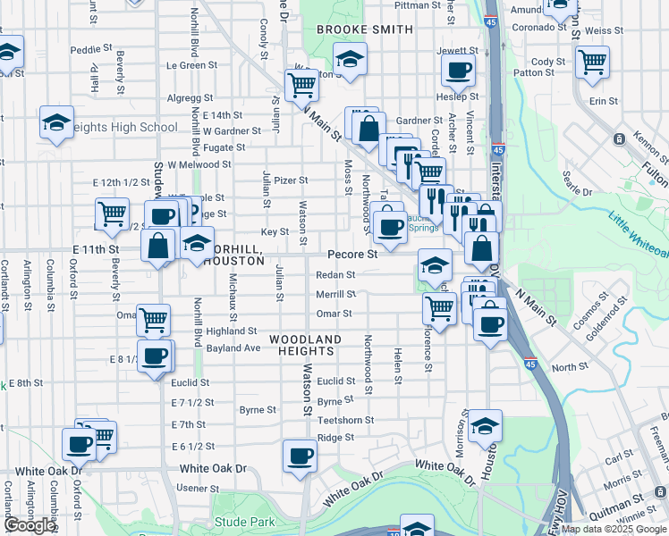 map of restaurants, bars, coffee shops, grocery stores, and more near 627 Redan Street in Houston