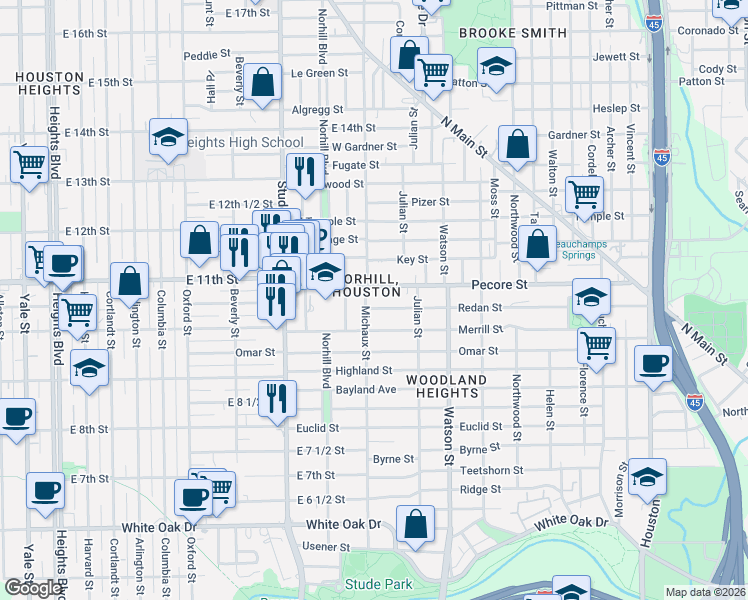 map of restaurants, bars, coffee shops, grocery stores, and more near 935 Redan Street in Houston