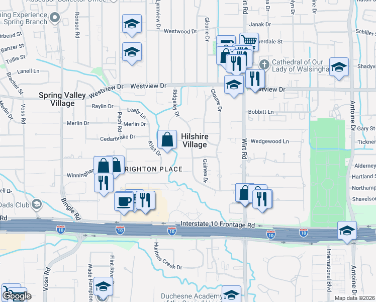 map of restaurants, bars, coffee shops, grocery stores, and more near 8206 Burkhart Road in Houston