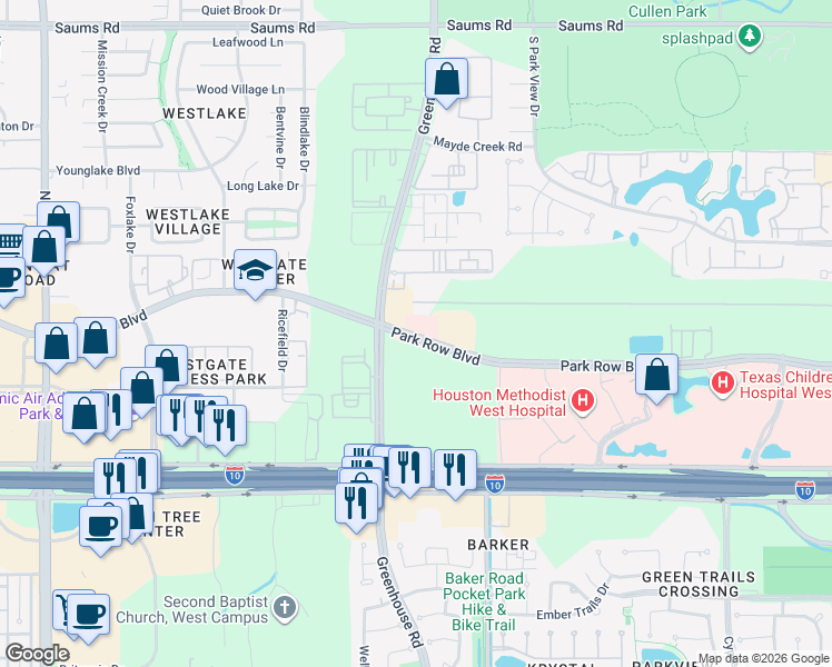 map of restaurants, bars, coffee shops, grocery stores, and more near 19321 Park Row in Houston