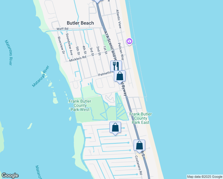 map of restaurants, bars, coffee shops, grocery stores, and more near 86 Aloha Circle in St. Augustine