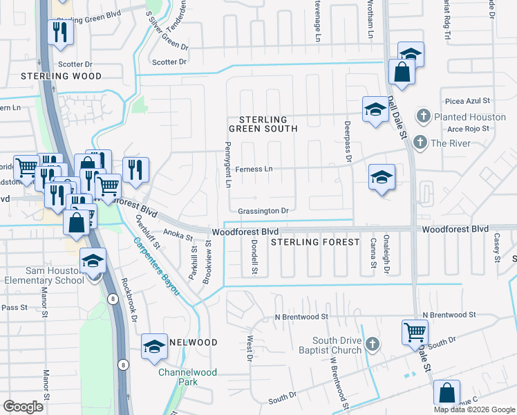 map of restaurants, bars, coffee shops, grocery stores, and more near 15129 Grassington Drive in Channelview