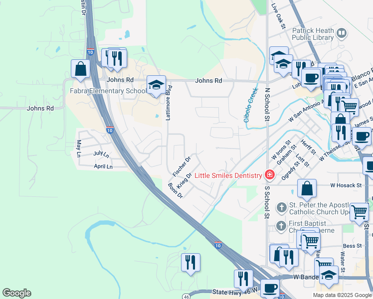 map of restaurants, bars, coffee shops, grocery stores, and more near 124 Chisholm Drive in Boerne
