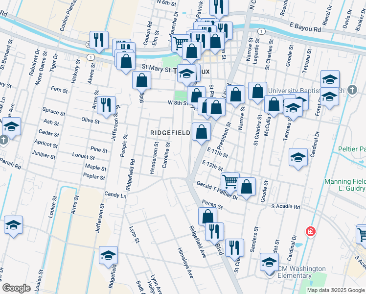 map of restaurants, bars, coffee shops, grocery stores, and more near 1033 Harrison Street in Thibodaux