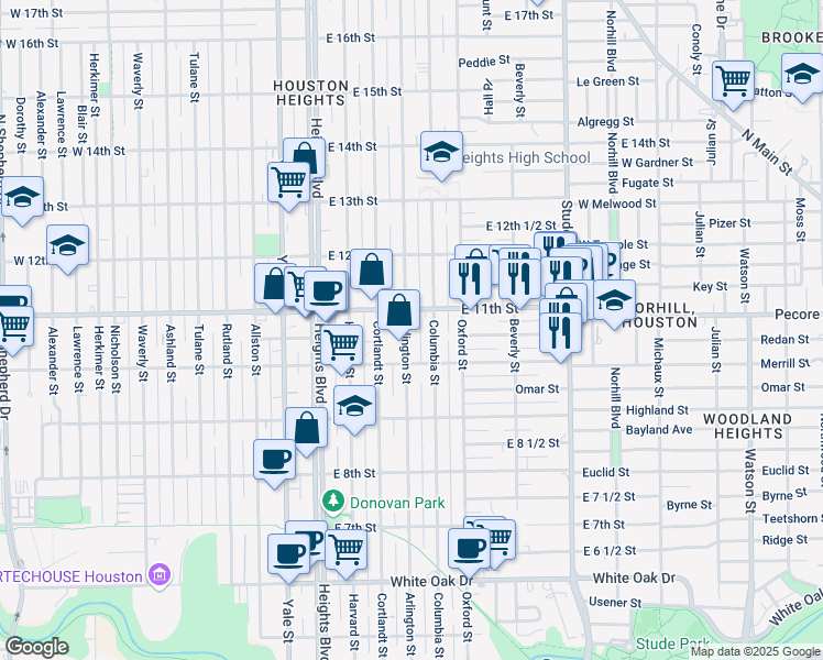 map of restaurants, bars, coffee shops, grocery stores, and more near 1026 Arlington Street in Houston