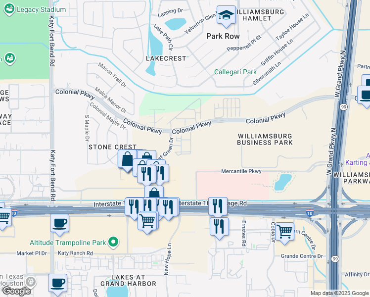 map of restaurants, bars, coffee shops, grocery stores, and more near 1222 Park West Green Drive in Katy