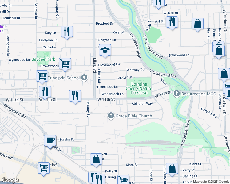 map of restaurants, bars, coffee shops, grocery stores, and more near 6330 Woodbrook Lane in Houston