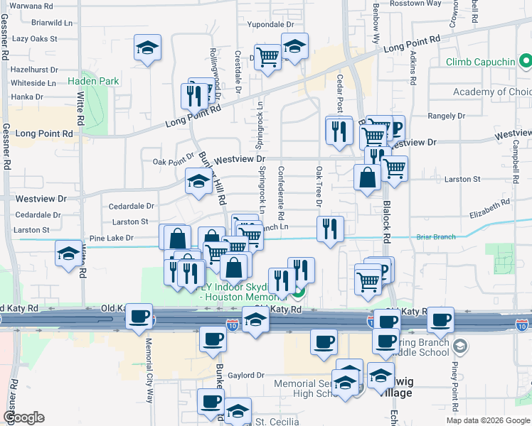 map of restaurants, bars, coffee shops, grocery stores, and more near 1132 Springrock Lane in Houston