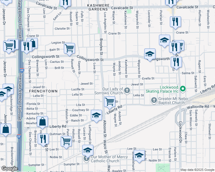map of restaurants, bars, coffee shops, grocery stores, and more near 3114 Kirk Street in Houston