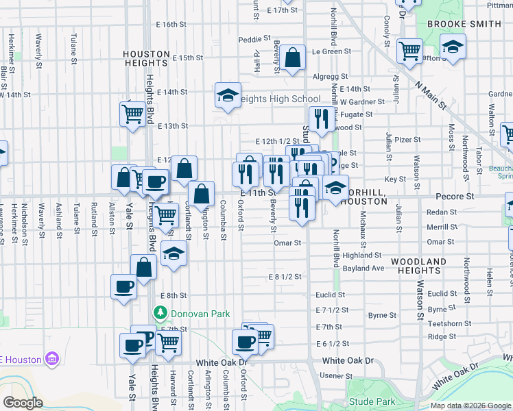 map of restaurants, bars, coffee shops, grocery stores, and more near 623 East 10 1/2 Street in Houston
