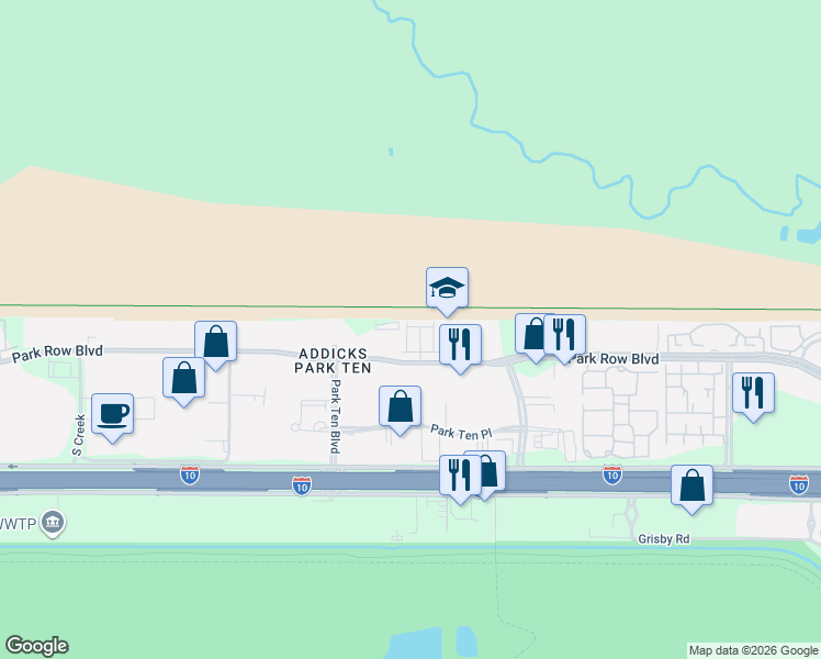 map of restaurants, bars, coffee shops, grocery stores, and more near 16200 Park Row in Houston