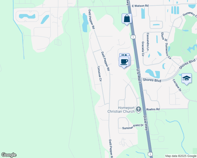 map of restaurants, bars, coffee shops, grocery stores, and more near 5256 Timucua Circle in St. Augustine