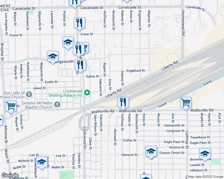 map of restaurants, bars, coffee shops, grocery stores, and more near 5905 Liberty Road in Houston