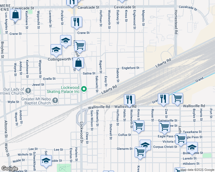 map of restaurants, bars, coffee shops, grocery stores, and more near 5905 Liberty Road in Houston