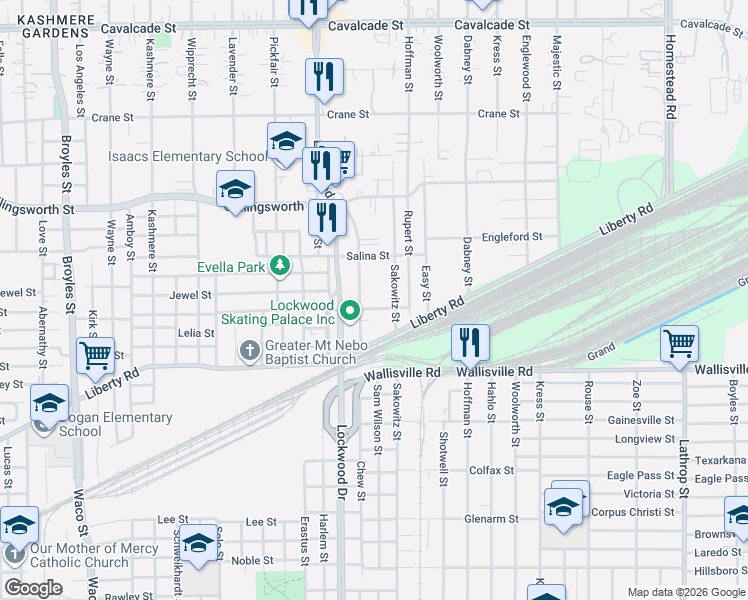 map of restaurants, bars, coffee shops, grocery stores, and more near 5513 Lucille Street in Houston