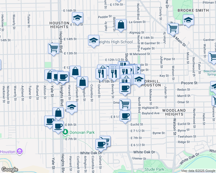 map of restaurants, bars, coffee shops, grocery stores, and more near 623 East 10 1/2 Street in Houston