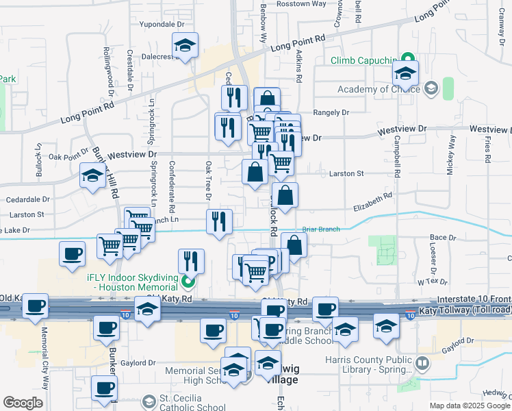 map of restaurants, bars, coffee shops, grocery stores, and more near 1217 Blalock Road in Houston