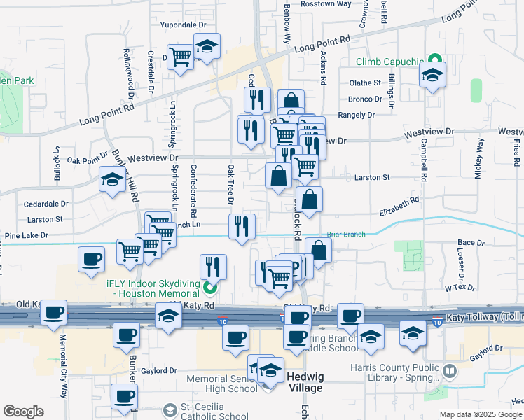 map of restaurants, bars, coffee shops, grocery stores, and more near 1106 Yellow Place in Houston
