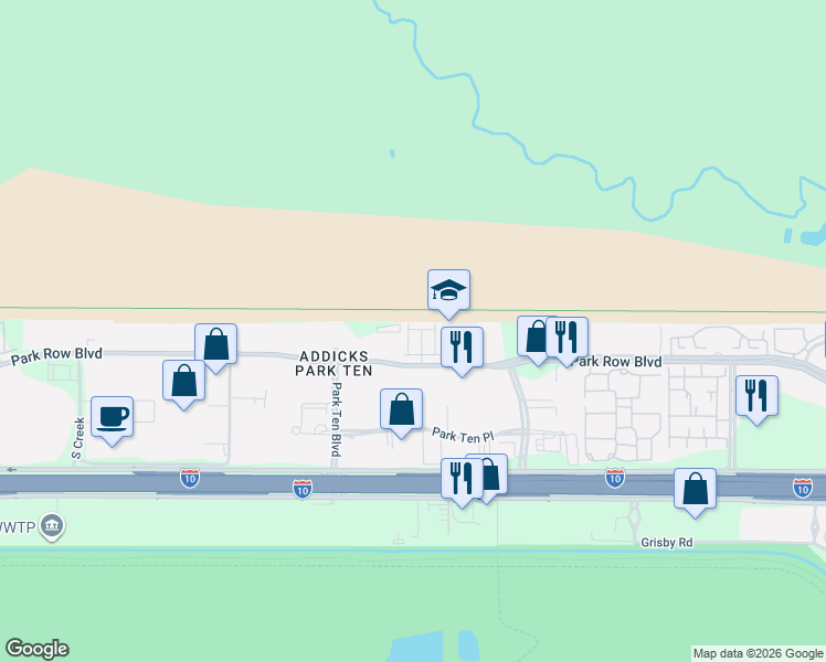 map of restaurants, bars, coffee shops, grocery stores, and more near 16200 Park Row in Houston