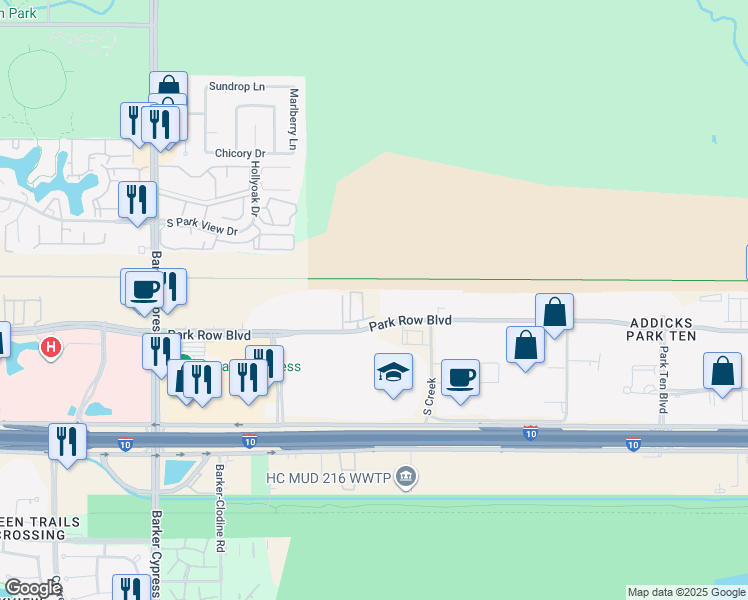map of restaurants, bars, coffee shops, grocery stores, and more near 16930 Park Row in Houston