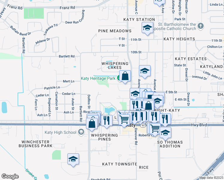 map of restaurants, bars, coffee shops, grocery stores, and more near 6th Street in Katy
