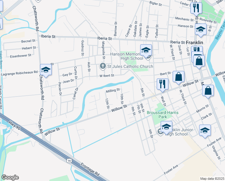 map of restaurants, bars, coffee shops, grocery stores, and more near 1463 Milling Street in Franklin