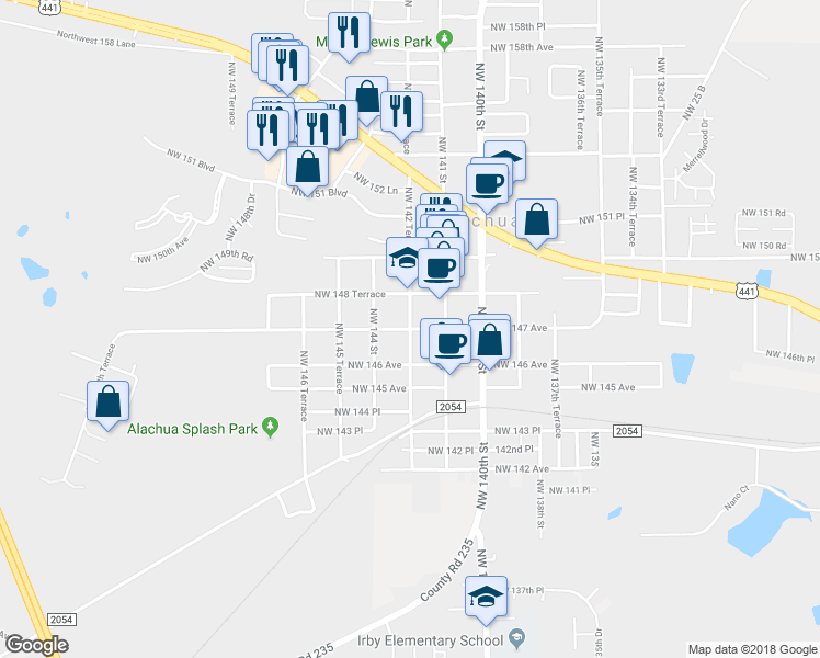 map of restaurants, bars, coffee shops, grocery stores, and more near 14208 Northwest 147 Avenue in Alachua